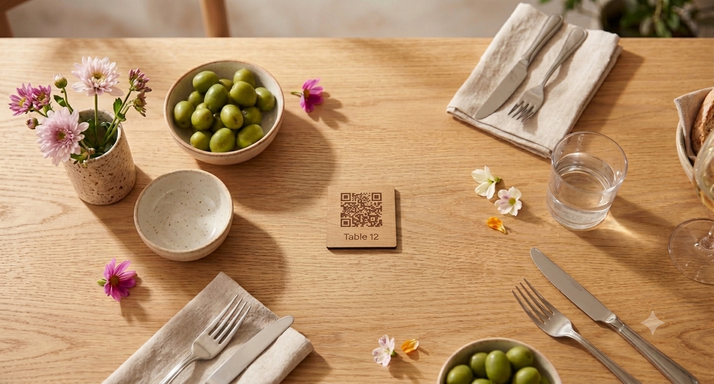 QR code de commande gravé sur un galet en bois, posé sur une table de restaurant